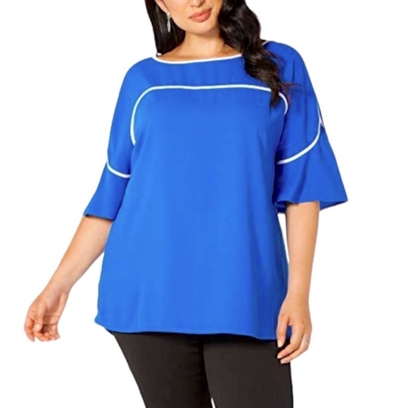 NWT Alfani Piped Flutter-Sleeve Top Blue - Picture 1 of 5
